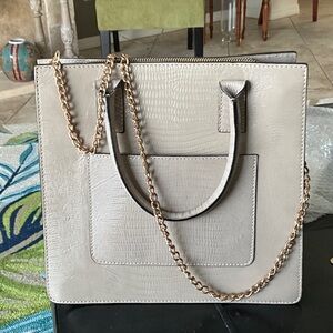 Structured Cream Croc-Texture Tote with Gold Chain Strap